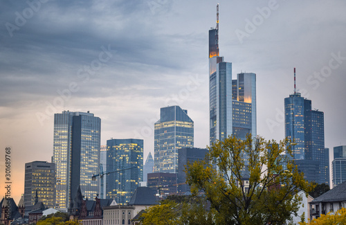Skyline of Frankfurt's Financial District at Dusk (Autumn) - Frankfurt, Germany 