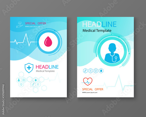 Template design and flat icons for a report and medical brochure design, with space for your picture.