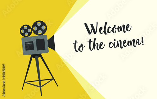 Welcome to the cinema poster. Cartoon vector illustration. Retro movie projector poster. Cartoon vector illustration. Cinema motion picture.