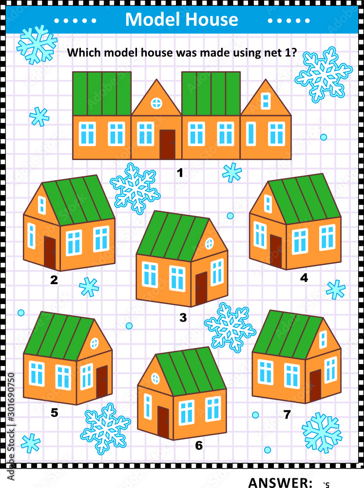 IQ and spatial reasoning training visual math puzzle (suitable both for kids and adults) or picture riddle: Which model house was made using net 1? Answer included.