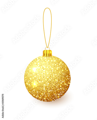 Gold Christmas tree toy isolated on a transparent background. Stocking Christmas decorations. Vector object for christmas design, mockup.
