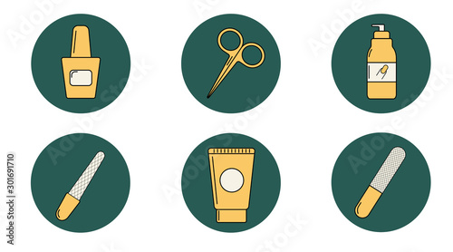 Colorful manicure icons - nail polish, manicure scissors, nail polish remover, nail file, hand cream and nail buff on a green background.