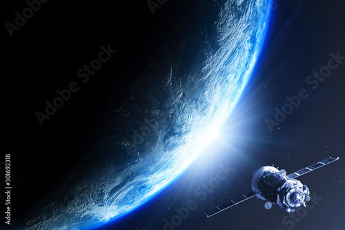 Earth planet sunrise with satellite viewed from space , 3d render of planet Eart Fototapeta