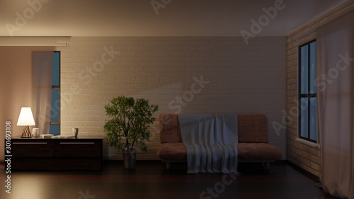 Modern interior room with nice furniture inside. 3D rendering. 3D illustration.