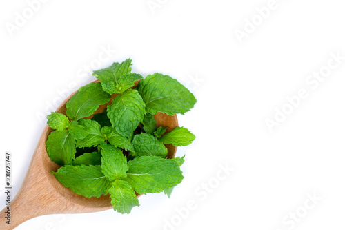 Fresh green mint (spearmint) leaves in wooden spoon isolated on white background. Natural herbal medical aromatic plant concept. Top view. Flat lay. Space for text and content.