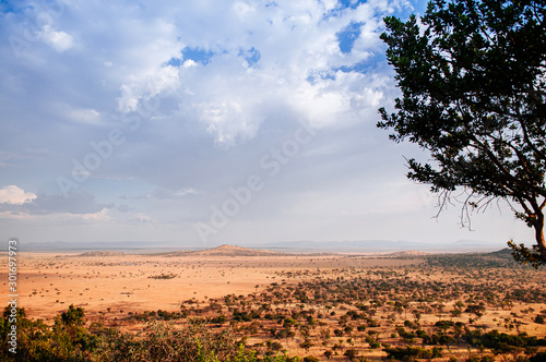 Serengeti Grumeti Reserve wildlife park grass plain and mountain hills under evening warm light and clouds sky photo