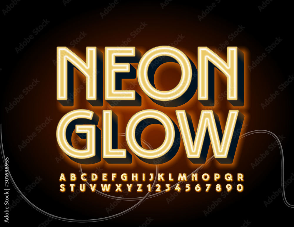 Vector Neon glowing Font. Electric Alphabet Letters and Numbers. 