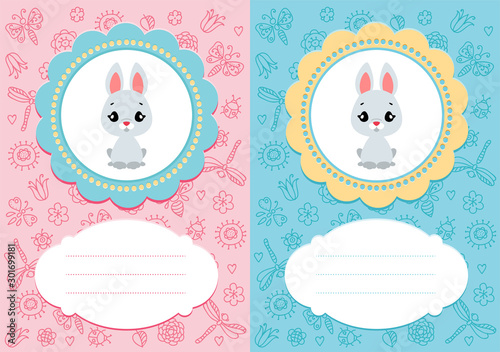 Cute baby cards. Baby-girl and baby-boy cards with bunnies on floral background. Some blank space for your text included.