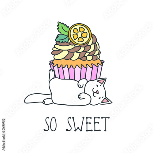 So sweet! Kawaii illustration of a sleeping white kitten with a cupcake. Vector 8 EPS.