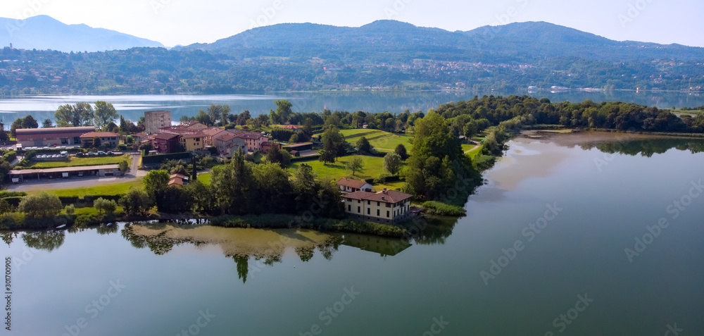Obraz premium Pusiano small town near Lecco - Landscape view from above by drone