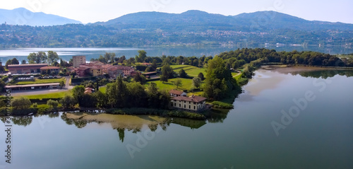 Pusiano small town near Lecco - Landscape view from above by drone