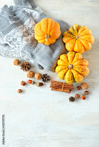 autumn composition with pumpkins, sweater, nuts, cinnamon. fall season, harvest time. home hygge comfort concept. top view. copy space