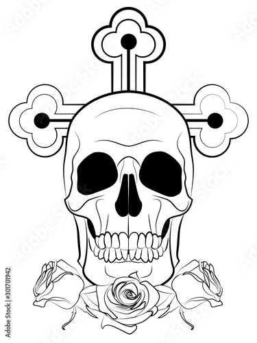 black and white self-coloring illustration of a human skull with a cross