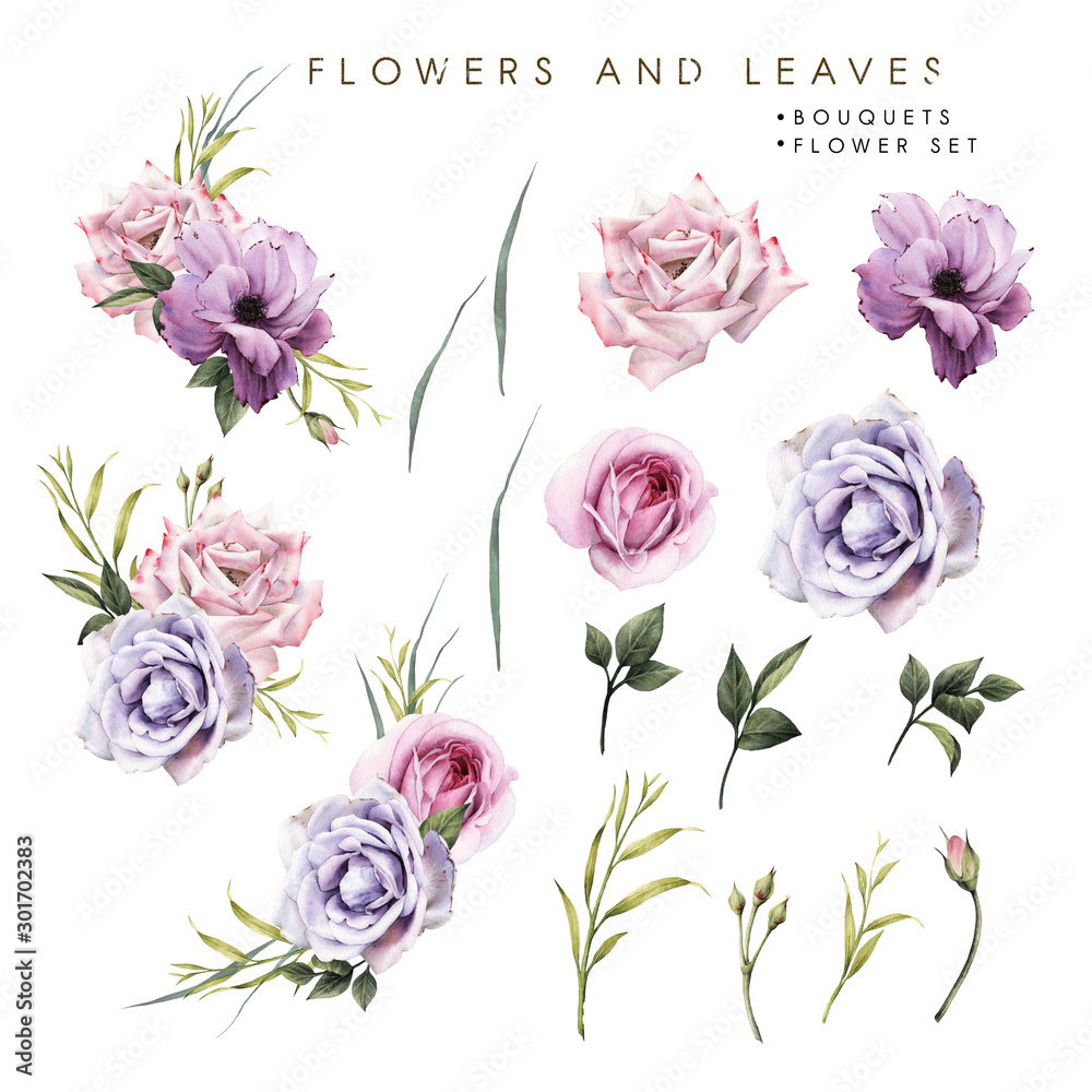 Roses. Flowers and leaves, can be used as greeting card, invitation card for wedding, birthday and other holiday and  summer background. Bouquet of flowers, watercolor illustration