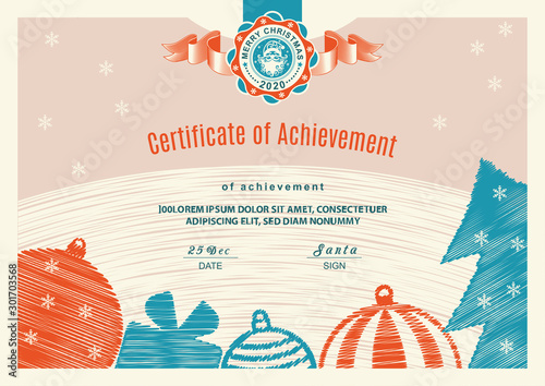 Christmas beige certificate with red turquoise Santa Claus in stamp.