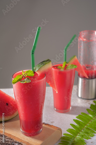 Watermelon smoothie on a wooden. Beverage fruit