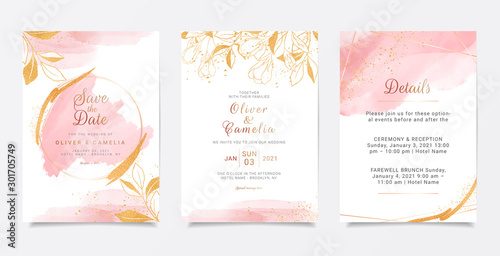 Watercolor creamy wedding invitation card template set with golden floral decoration. Abstract background save the date, invitation, greeting card, multi-purpose vector
