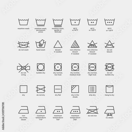 Laundry and ironing vector symbols. Machine wash flat vector icons