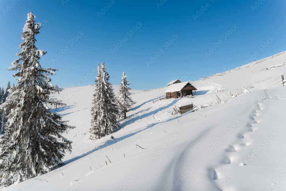 Beautiful pictures of nature in winter. Landscape with mountain huts in the snow.