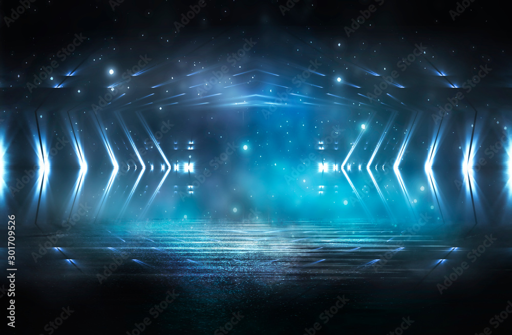 Dark empty abstract scene, rays of searchlights, neon blue light, highlights and lights. Night view of the scene, a tunnel with illumination. Dark background with spotlights.