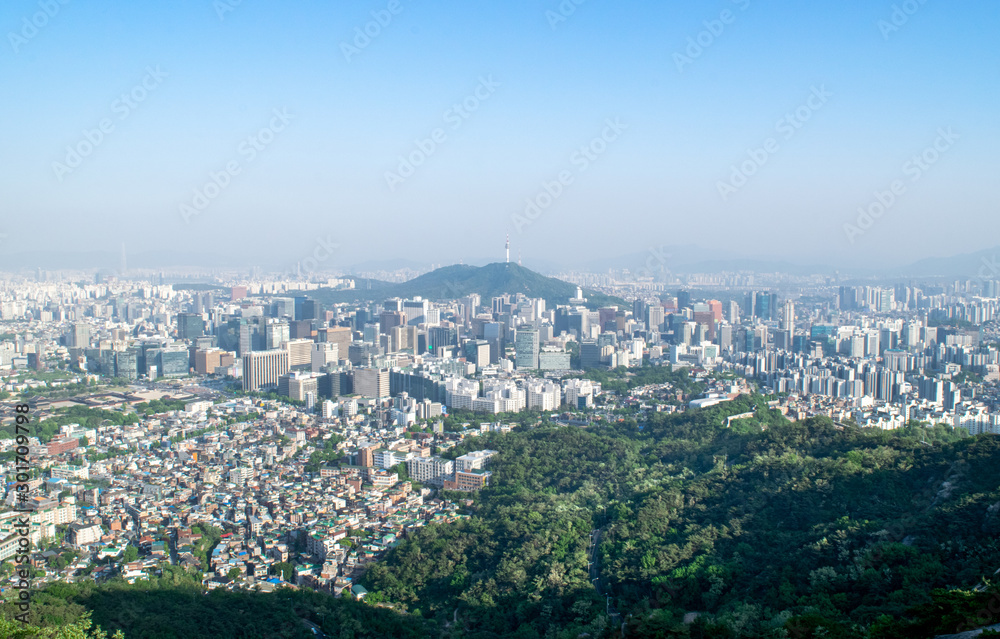 Aerial View of Downtown Seoul on a Clear Summer Evening - Seoul, South Korea