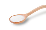 White pure sand sugar in wooden spoon isolated on white background with clipping path. Unhealthy diet ,awareness and stop diabetes concept.
