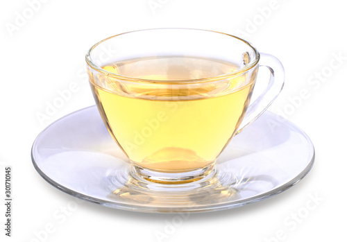 Cup glass of green tea isolated on white background with clipping path. 
