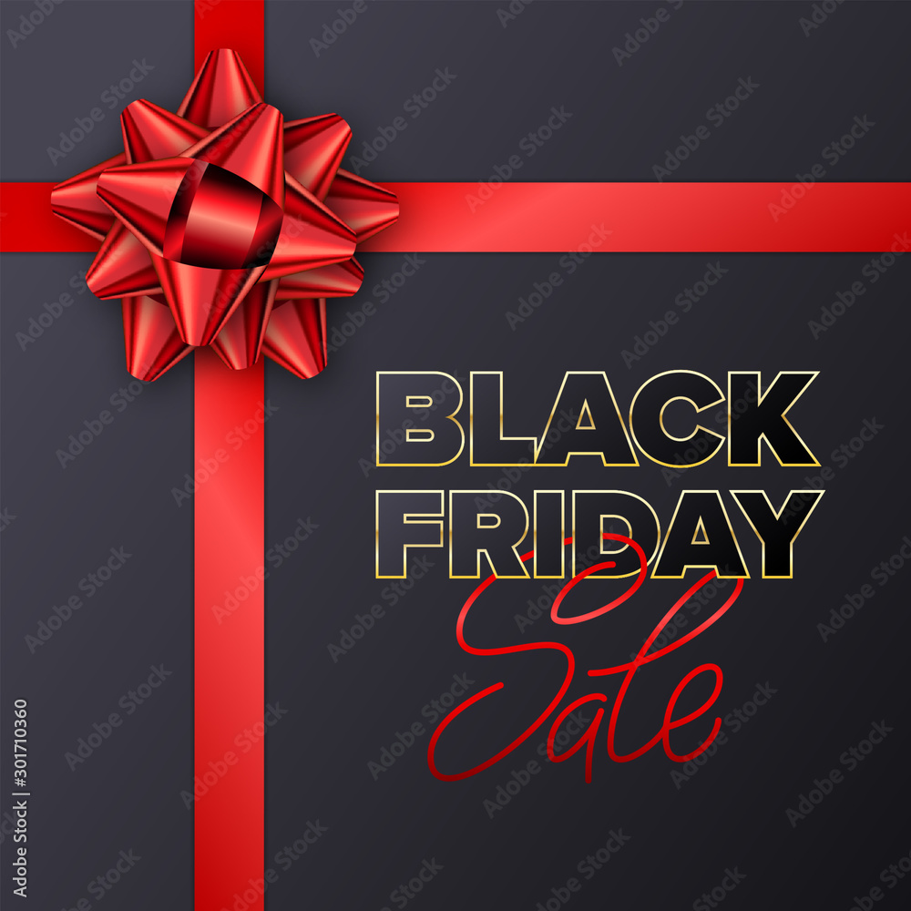 Black Friday sale typography template for promotion design. Advertising sign. Red tied a bow on a dark background. Market special offer discount. Vector Black Friday sale typography template for promotion design. Advertising sign. Red tied a bow on a dark background. Market special offer discount. Vector