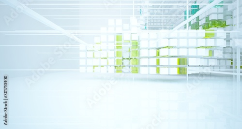 Abstract white and colored gradient glasses interior from an array of cubes with window. 3D illustration and rendering.