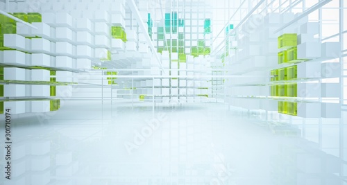 Abstract white and colored gradient glasses interior from an array of cubes with window. 3D illustration and rendering.