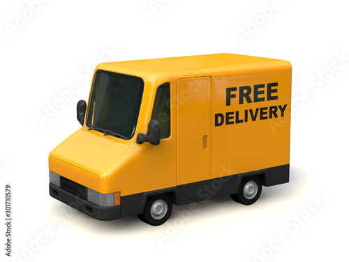 Yellow delivery car seen from the side. 