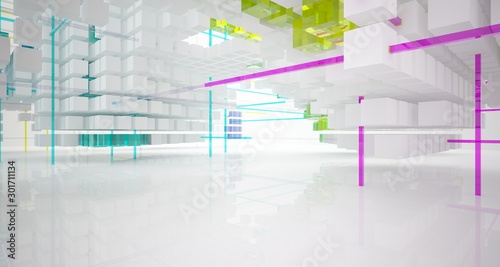 Abstract white and colored gradient glasses interior from an array of cubes with window. 3D illustration and rendering.