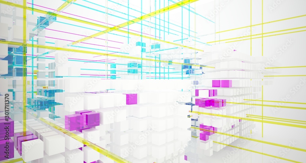 Abstract white and colored gradient glasses interior from an array of cubes with window. 3D illustration and rendering.