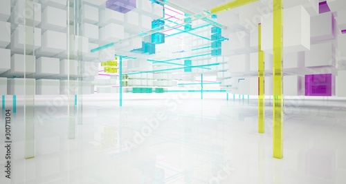 Abstract white and colored gradient glasses interior from an array of cubes with window. 3D illustration and rendering.