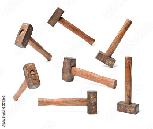 Photography old sledge hammer with wooden handle on a white background
