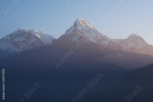 Landscape nature Fish tail of Mt. Machapuchare with fog is a mountain in the Annapurna Himalayas of seen from pokhara north central Nepal 