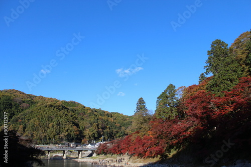 日本の愛知県の香嵐渓の紅葉の風景