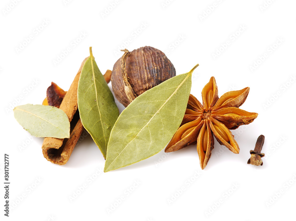 Various seasonings on white background 