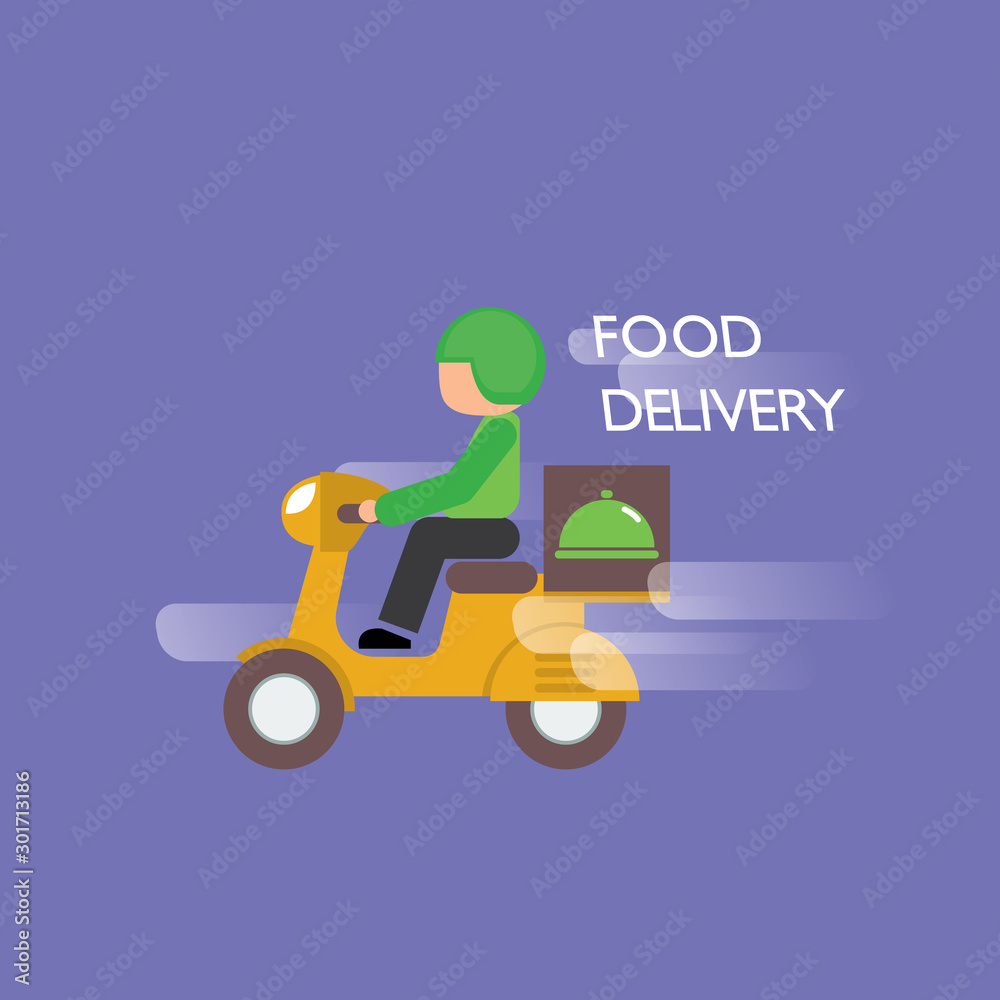 Fast delivery by scooter. Vector cartoon illustration.Vector design logo food delivery. Fast delivery by scooter. Vector cartoon illustration.Vector design logo food delivery.