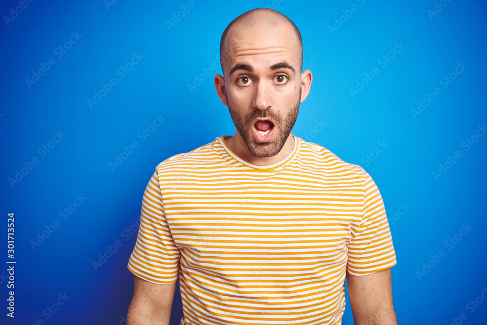 Young bald man with beard wearing casual t-shirt over blue isolated background afraid and shocked with surprise expression, fear and excited face. Young bald man with beard wearing casual t-shirt over blue isolated background afraid and shocked with surprise expression, fear and excited face.