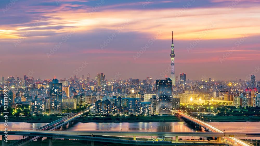 Obraz premium Cityscape of Tokyo skyline, aerial skyscrapers view of office building and downtown in Tokyo in the evening. Japan, Asia.