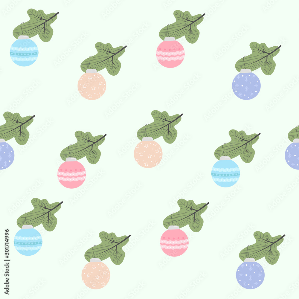 Seamless pattern with Christmas tree toys on a fir tree branch. Vector illustration. Print for Christmas wrapping paper, clothes, cards, covers and more. Seamless pattern with Christmas tree toys on a fir tree branch. Vector illustration. Print for Christmas wrapping paper, clothes, cards, covers and more.