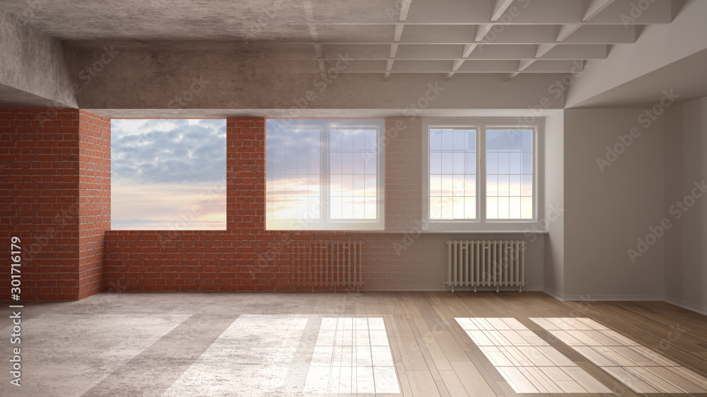 Obraz premium Interior design renovation, before and after, repair and wall painting, parquet flooring, panoramic windows, sunrise sky, steps of development, home renewal concept idea background