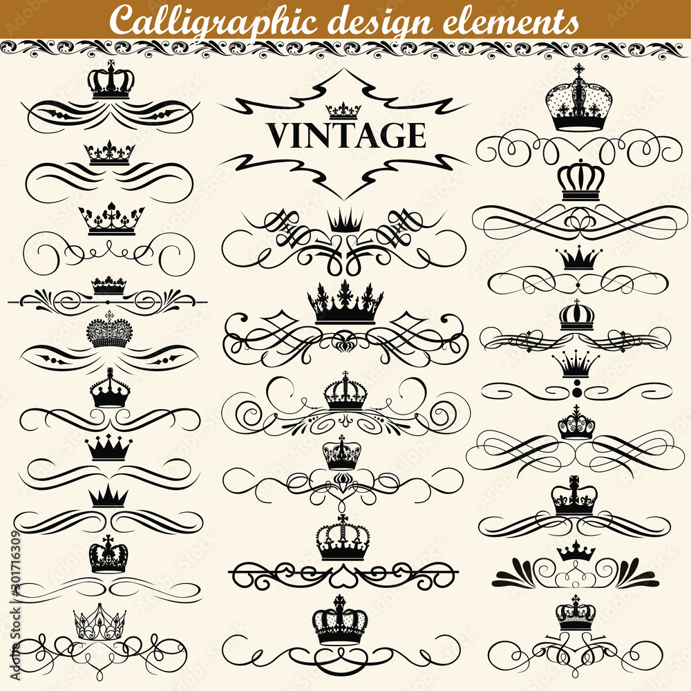 Illustration set of vintage calligraphic design elements with crowns. - obrazy, fototapety, plakaty 