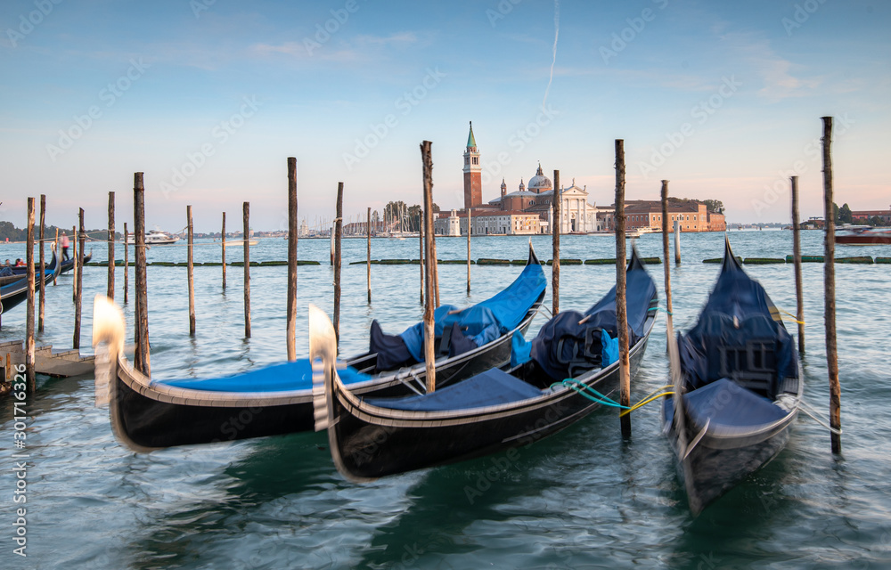 Venice Gondolas moored at the San Marco square.