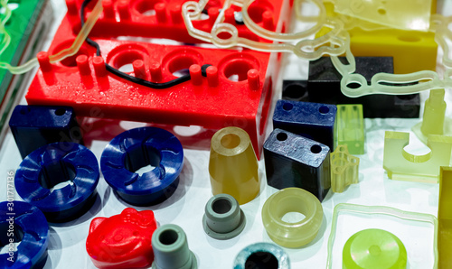 Engineering plastics. Plastic material used in manufacturing industry. Global engineering plastic market concept. Polyurethane and abs plastic parts materials. Plastic injection machine products.