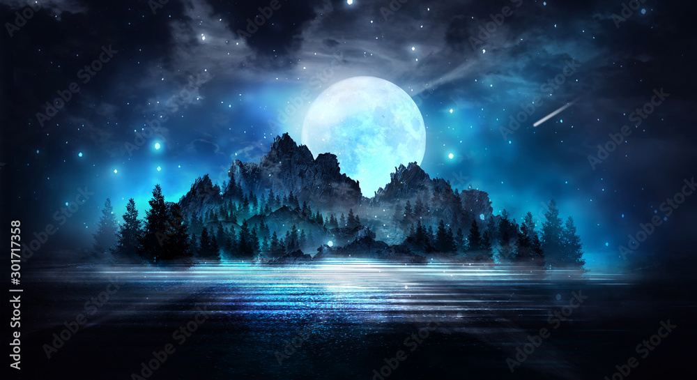Plakat Empty dark background. The glow of the moon in the forest, moonlight through the trees in the forest. 3D illustration