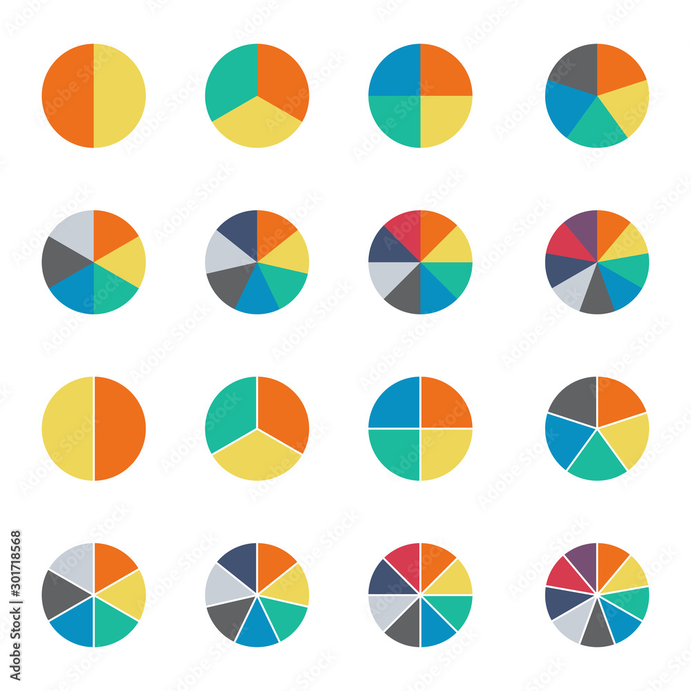Infographic pie chart set. Cycle collection - 2,3,4,5,6,7 and 8 section. Vector isolated on white background Infographic pie chart set. Cycle collection - 2,3,4,5,6,7 and 8 section. Vector isolated on white background