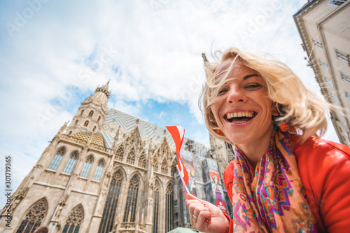 Photography Woman stands on the background of St