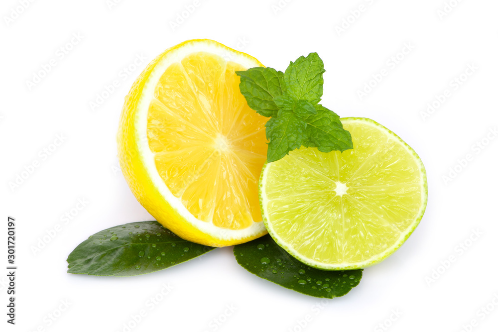 Half sliced of yellow lemon and lime fruit with mint green leaf isolated on white background . Half sliced of yellow lemon and lime fruit with mint green leaf isolated on white background .